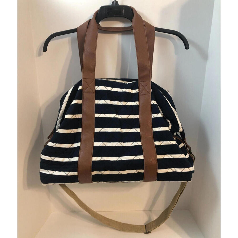 Madden Girl Quilted Navy Blue/White Striped Duffle Bag Removable Shoulder Strap